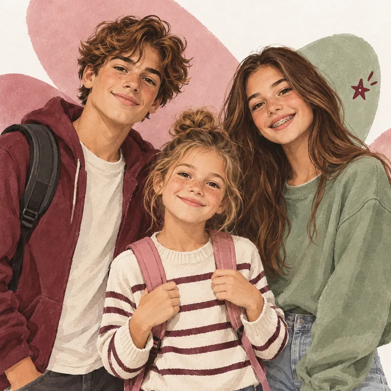 Illustration d’un enfant et de deux adolescents souriant ensemble