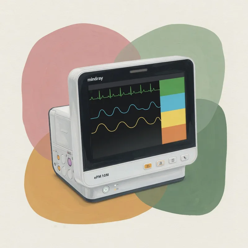 Patientenmonitor Mindray ePM 10M mit Kurven für Herz, Sauerstoff und Atmung während der Sedierung